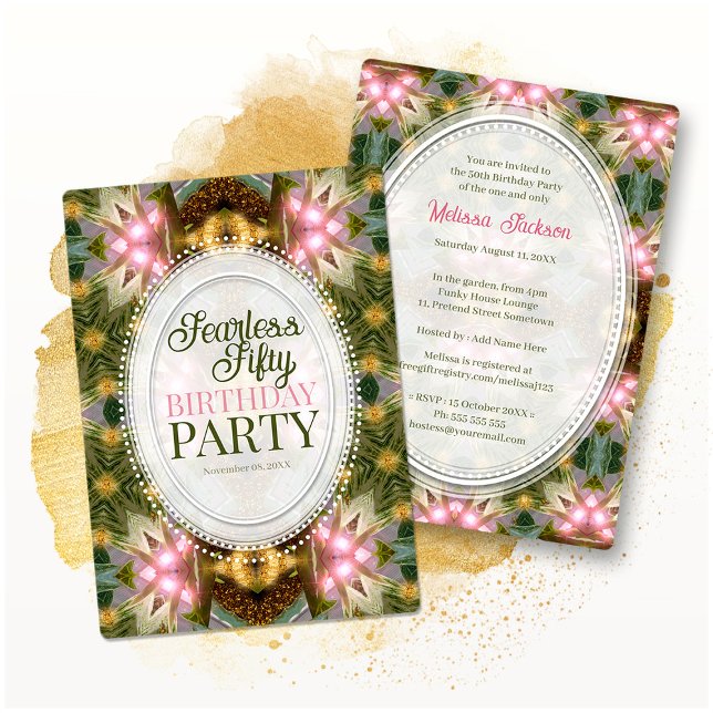 Forest Magic Green Gold Pink Fractal Lace Invitation (Creator Uploaded)