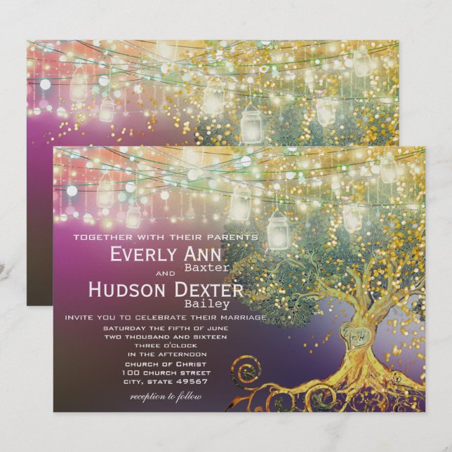 Forest Mason Jar Fairytale Purple and Gold Wedding Invitation (Front/Back)