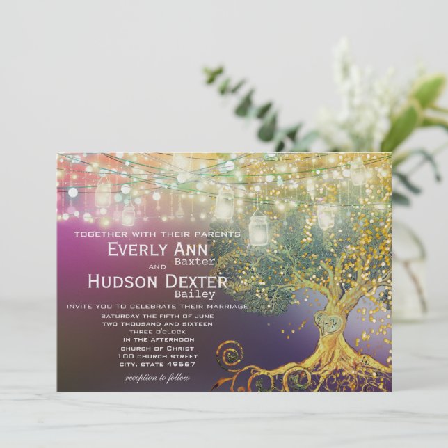 Forest Mason Jar Fairytale Purple and Gold Wedding Invitation (Standing Front)