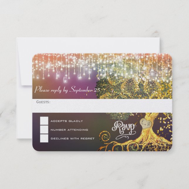Forest Mason Jar Fairytale Purple and Gold Wedding RSVP Card (Front)
