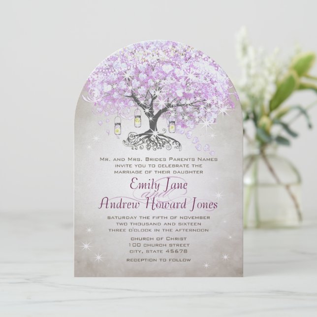 Forest Mason Jar Lavender Leaf Tree Wedding Invitation (Standing Front)