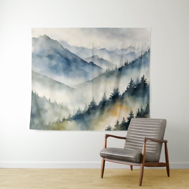 Forest Mist Watercolor Painting Tapestry (In Situ (Horizontal))
