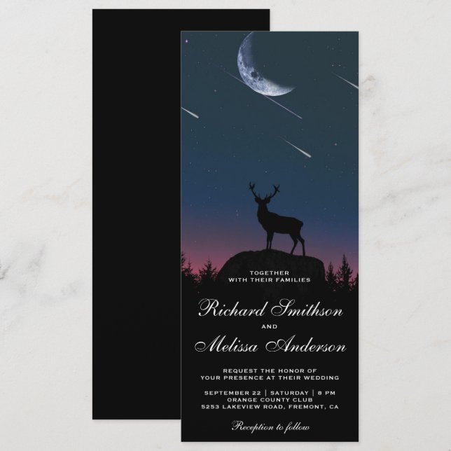 Forest Moon Night Sky Shooting Stars Deer Wedding Invitation (Front/Back)