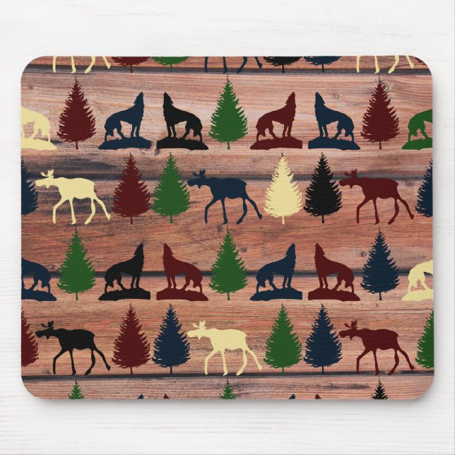 Forest Moose Wolf Wilderness Mountain Cabin Rustic Mouse Mat (Front)