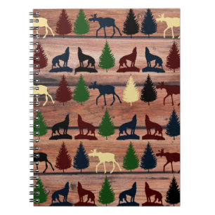 Forest Moose Wolf Wilderness Mountain Cabin Rustic Notebook