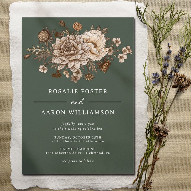 Forest Moss Green & Neutral Flowers | Boho Wedding Invitation (Creator Uploaded)