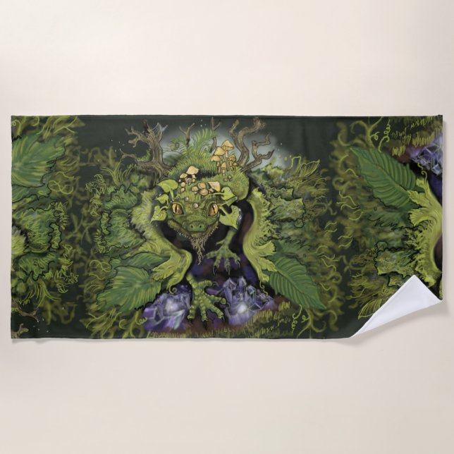 Forest Moss Magic Dragon Beach Towel (Front)
