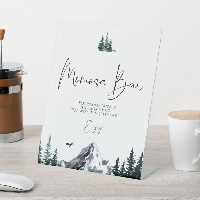 Forest Mountain Baby Shower Moms Bar Pedestal Sign (In SItu)