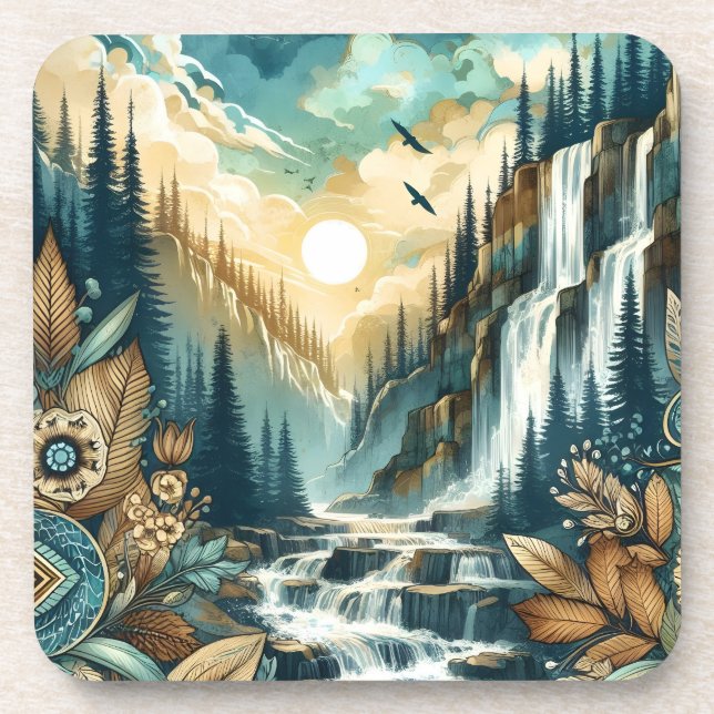 Forest Mountain Waterfall Boho Nature Pattern Coaster (Front)