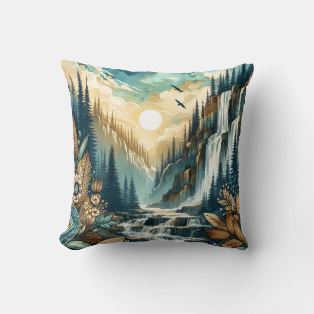 Forest Mountain Waterfall Boho Nature Pattern Cushion (Front)