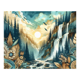 Forest Mountain Waterfall Boho Nature Pattern Photo Print