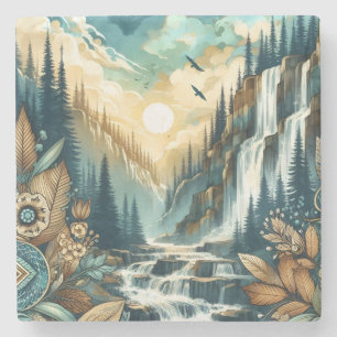 Forest Mountain Waterfall Boho Nature Pattern Stone Coaster
