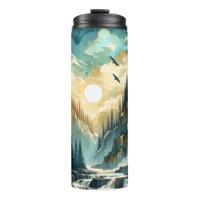 Forest Mountain Waterfall Boho Nature Pattern Thermal Tumbler (Front)