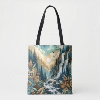 Forest Mountain Waterfall Boho Nature Pattern Tote Bag