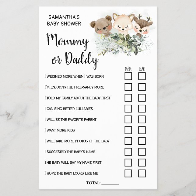 Forest Mum or Dad Baby Shower bilingual game card (Front)
