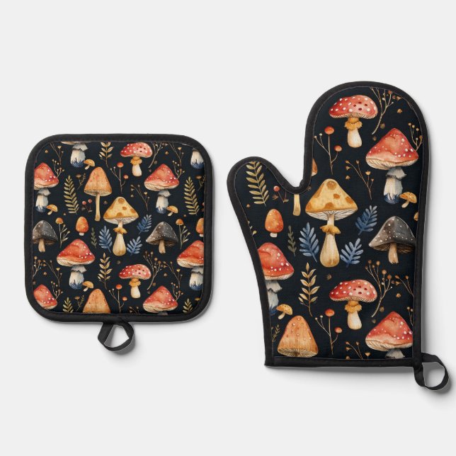 Forest Mushroom and Fern  Oven Mitt & Pot Holder Set (Front)