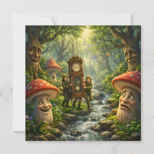 Forest mushroom and gnome clock birthday card