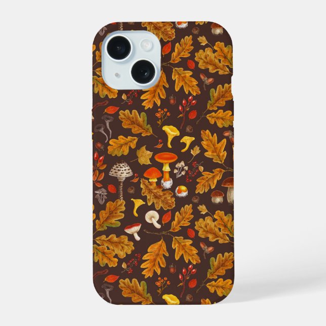 Forest mushrooms and autumn flora on brown iPhone 15 case (Back)