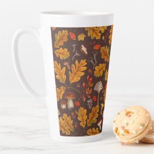 Forest mushrooms and autumn flora on brown latte mug