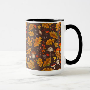 Forest mushrooms and autumn flora on brown mug