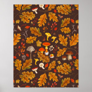 Forest mushrooms and autumn flora on brown poster