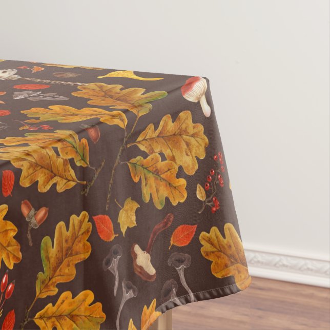 Forest mushrooms and autumn flora on brown tablecloth (In Situ)