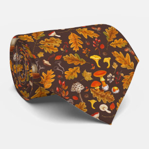 Forest mushrooms and autumn flora on brown tie