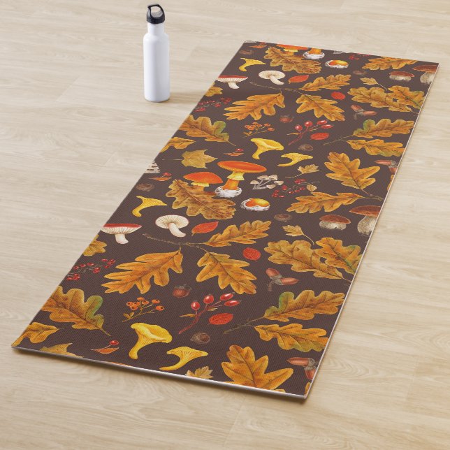 Forest mushrooms and autumn flora on brown yoga mat (In Situ)