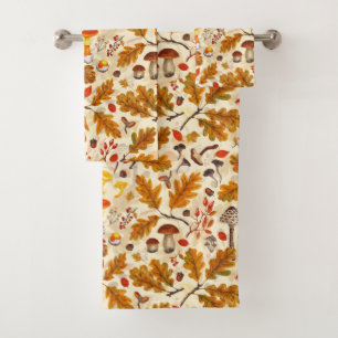 Forest mushrooms and autumn flora on cream bath towel set