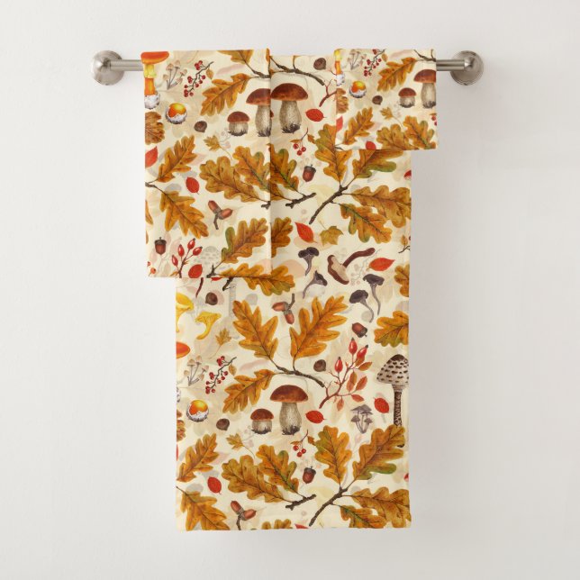 Forest mushrooms and autumn flora on cream bath towel set (Insitu)