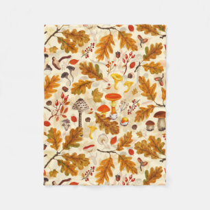 Forest mushrooms and autumn flora on cream fleece blanket