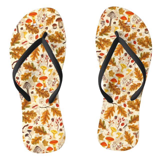 Forest mushrooms and autumn flora on cream flip flops (Footbed)