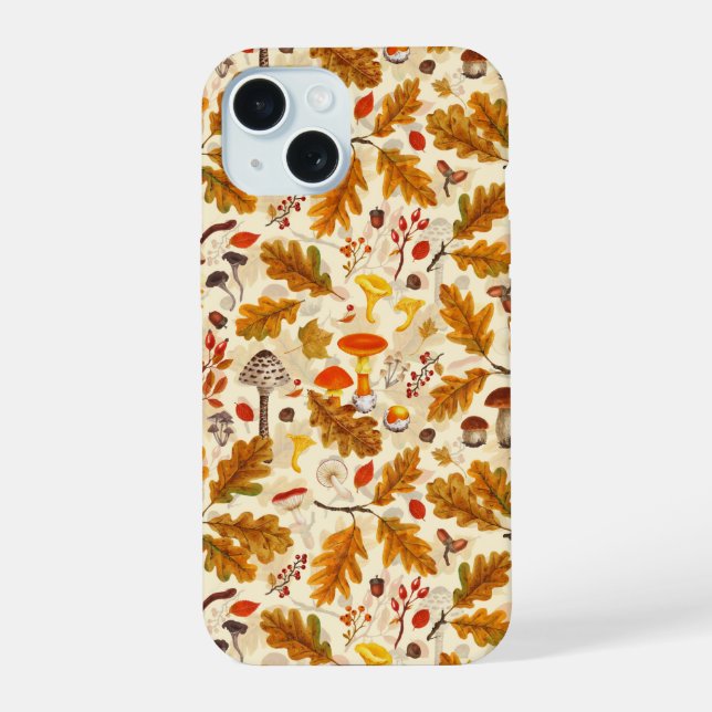 Forest mushrooms and autumn flora on cream iPhone 15 case (Back)