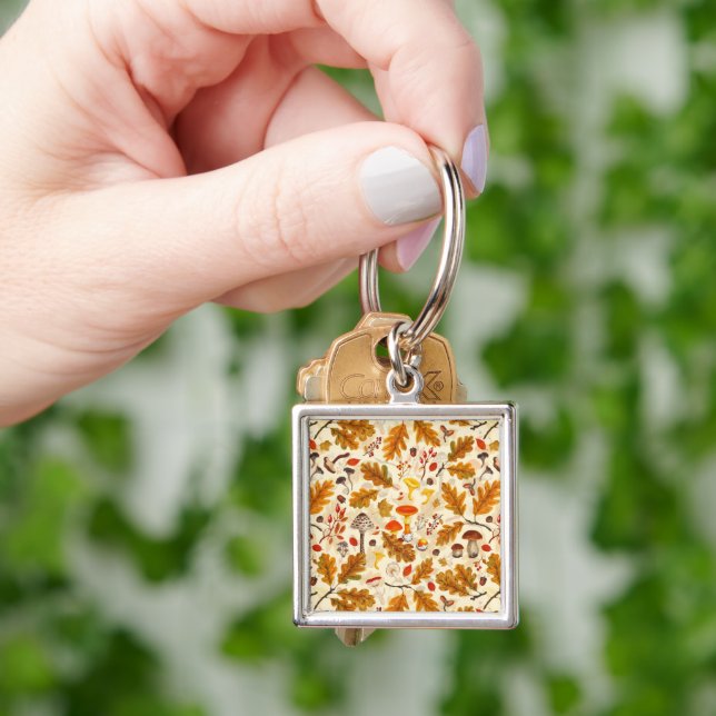 Forest mushrooms and autumn flora on cream key ring (Hand)