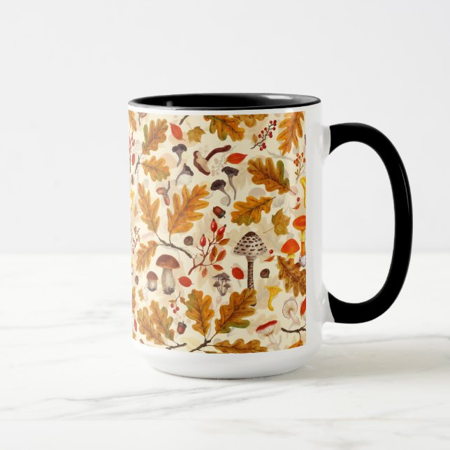 Forest mushrooms and autumn flora on cream mug (Right)