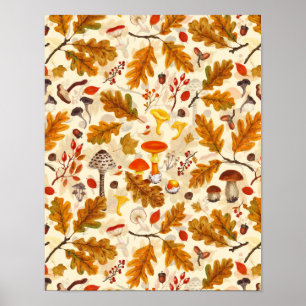 Forest mushrooms and autumn flora on cream poster