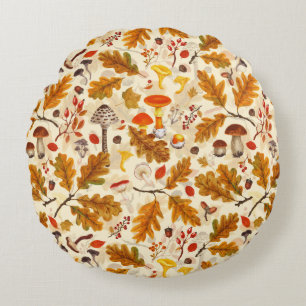 Forest mushrooms and autumn flora on cream round cushion