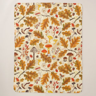 Forest mushrooms and autumn flora on cream sherpa blanket