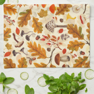 Forest mushrooms and autumn flora on cream tea towel