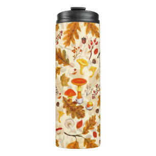 Forest mushrooms and autumn flora on cream thermal tumbler
