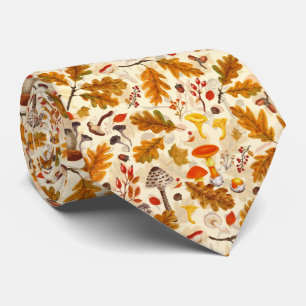 Forest mushrooms and autumn flora on cream tie