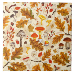 Forest mushrooms and autumn flora on cream tile