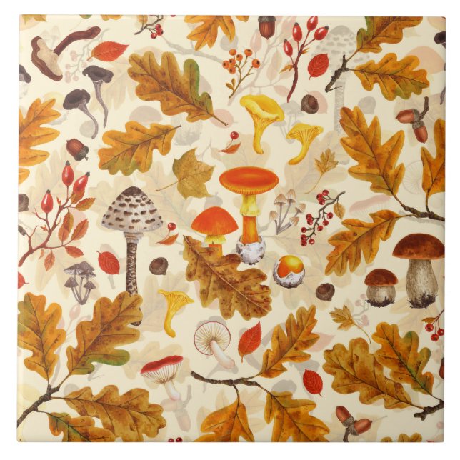 Forest mushrooms and autumn flora on cream tile (Front)