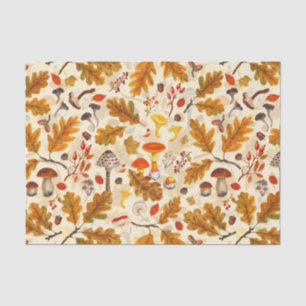 Forest mushrooms and autumn flora on cream tissue paper