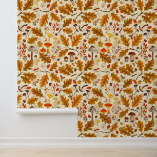 Forest mushrooms and autumn flora on cream wallpaper