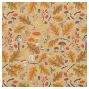 Forest mushrooms and autumn flora on ochre fabric
