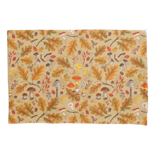 Forest mushrooms and autumn flora on ochre pillowcase (Front-Left)