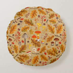 Forest mushrooms and autumn flora on ochre round cushion