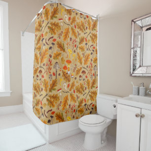 Forest mushrooms and autumn flora on ochre shower curtain