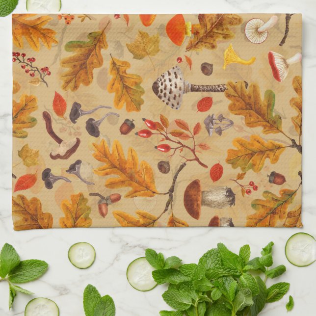 Forest mushrooms and autumn flora on ochre tea towel (Folded)